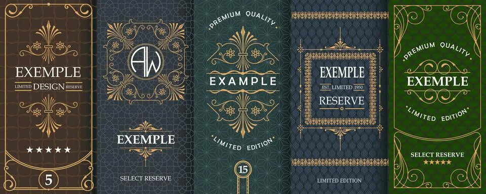 Exquisite set of design templates for label and package of whiskey, brandy, rum Stock Illustration