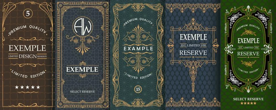 Exquisite set of design templates for label and package of whiskey, brandy, rum Stock Illustration