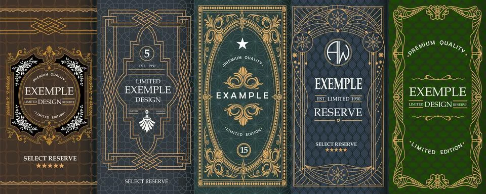 Exquisite set of design templates for label and package of whiskey, brandy, rum Stock Illustration
