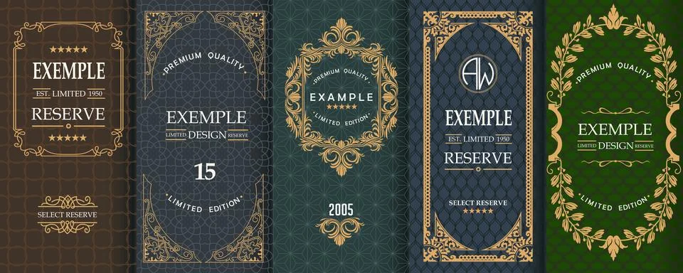 Exquisite set of design templates for label and package of whiskey, brandy, rum Stock Illustration