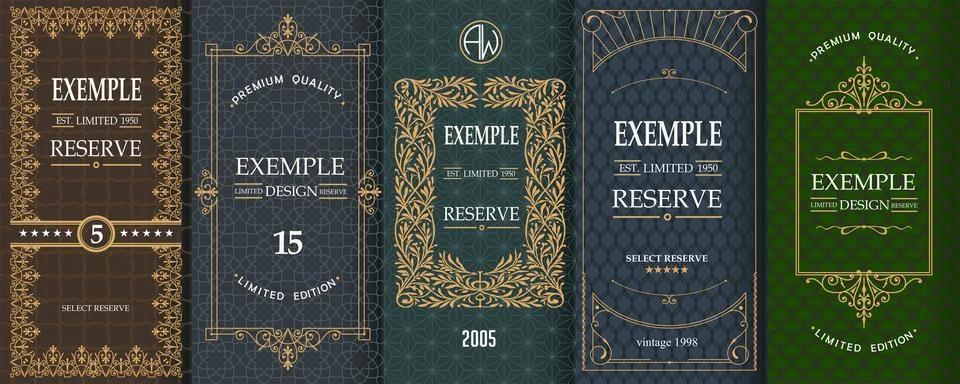 Exquisite set of design templates for label and package of whiskey, brandy, rum Stock Illustration