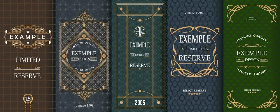 Exquisite set of design templates for label and package of whiskey, brandy, rum Stock Illustration