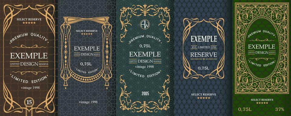 Exquisite set of design templates for label and package of whiskey, brandy, rum Stock Illustration