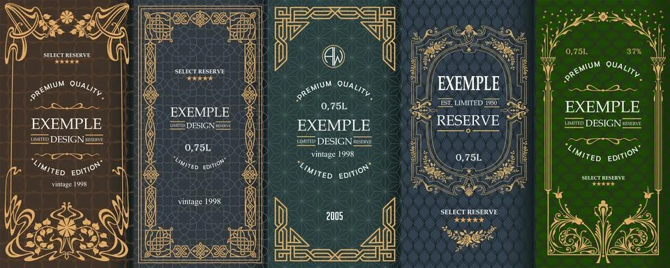 Exquisite set of design templates for label and package of whiskey, brandy, rum Stock Illustration