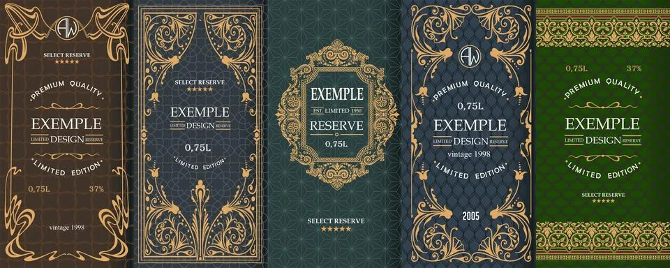 Exquisite set of design templates for label and package of whiskey, brandy, rum Stock Illustration