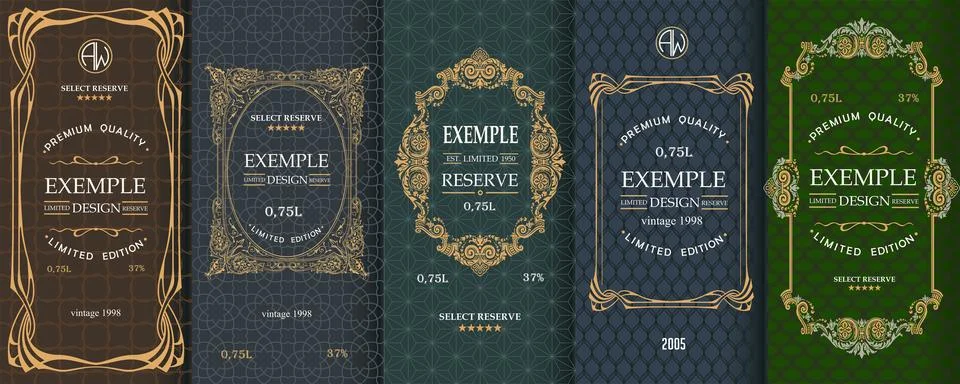Exquisite set of design templates for label and package of whiskey, brandy, rum Stock Illustration