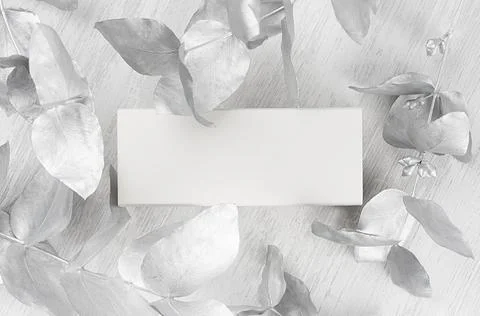 Exquisite white blank closed rectangle gift box mock up on wood board with de Stock Photos