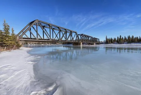Exshaw Train Bridge in Winter Stock Photos
