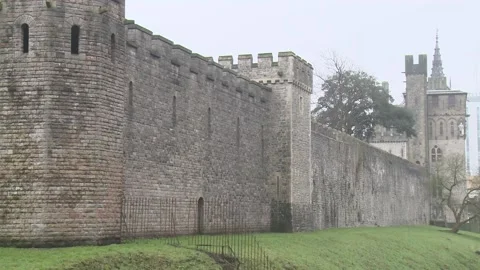 Ext Day Cardiff Castle - rear wall wide 2 Stock Footage 170003402