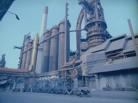EXT DAY STEEL MILL STACKS AND TRAIN  動画素材 75371280