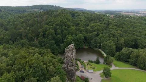 Extended Aerial Approach To Externsteine Rock Formation Stockbeeldmateriaal 339367754