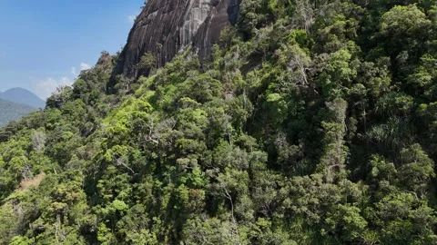 Extended drone ascent over giant rock and forest under clear blue sky 動画素材 336956432