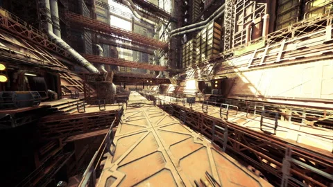 Extended industrial pathway featuring multiple levels and distant vanishing end Stock Footage 331396385