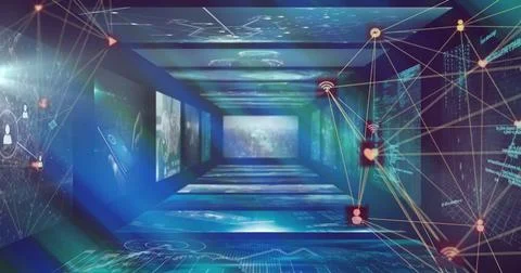 Extending 3D digital corridor showcasing data tunnel in virtual network, with 스톡 일러스트