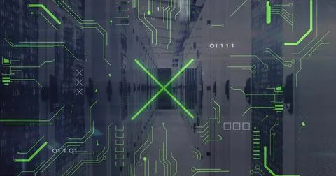 Extending central server rack corridor lining data center hall with blinking Stockfoto's