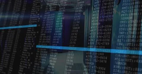 Extending central server racks lining data center corridor, with superimposed Illustrazione stock