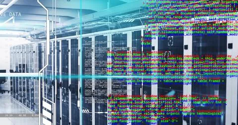 Extending central server racks reflecting on glossy floor at data center, with Foto stock