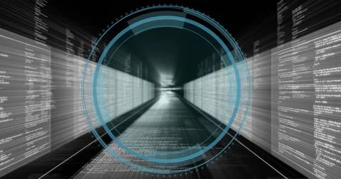Extending corridor in digital space showing code panels grid floor streaming 写真素材