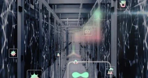Extending data center aisle lined with server racks under cable trays, with Stock Photos