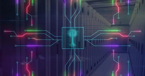 Extending data center corridor displaying neon circuit lines, with raised floor Stock Photos