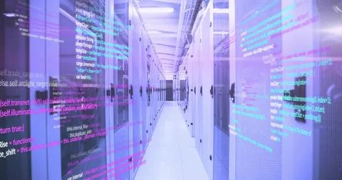 Extending data center corridor showing flooring and cable trays, with server Stock Photos