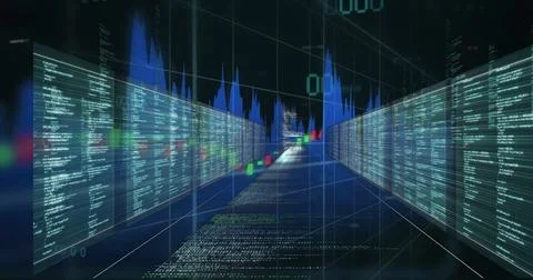 Extending data corridor receding in virtual tunnel, with code panels, Stock Illustration