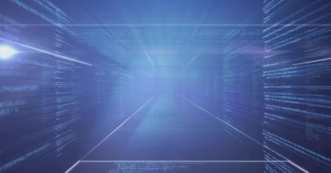Extending data corridor through virtual matrix, with floating panels, code 스톡 사진