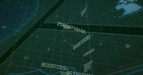 Extending green grid network across panel, with floating numbers, world map and Illustrazione stock