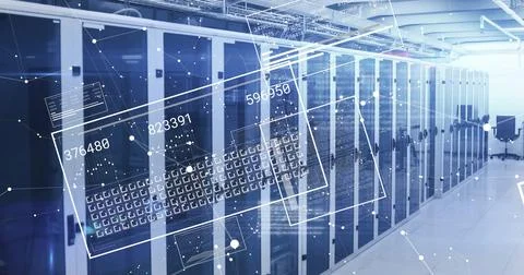 Extending long row of server cabinets through data center corridor, with Stock Photos