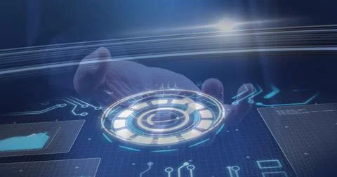 Extending male right hand using circular holographic interface in virtual space, Illustrazione stock