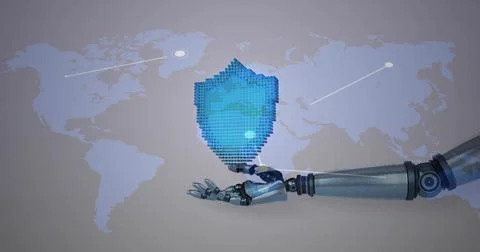 Extending metallic robotic arm presenting pixelated blue shield icon over gray Fotos de archivo