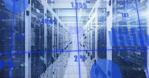 Extending narrow server aisle threading data center, with racks, switches and Stock Illustration