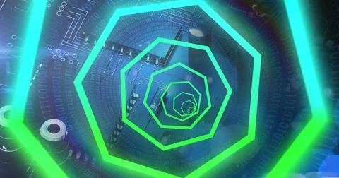 Extending neon green hexagon frames forming tunnel in cyberspace with circuit 스톡 사진