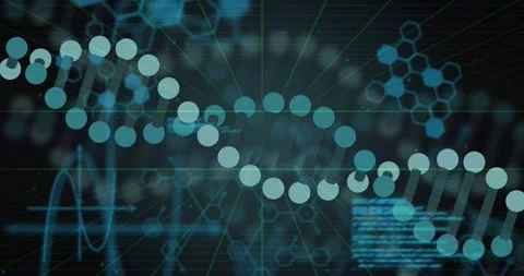 Extending neon grid guiding dots forming DNA helix code scrolling waveform Stock Footage 327359556