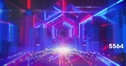 Extending neon-lit hexagonal frames glowing through digital corridor, with Illustrazione stock