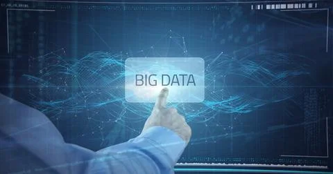 Extending right forearm in light blue shirt at virtual data environment, Foto stock