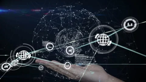 Extending right hand and forearm projecting wireframe globe and nodes in dark Stock Footage 330564021