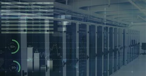 Extending rows of glass-front server racks drawing eye down data center aisle, Foto stock