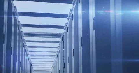 Extending rows of server cabinets forming narrow data center aisle, with mesh 库存插图