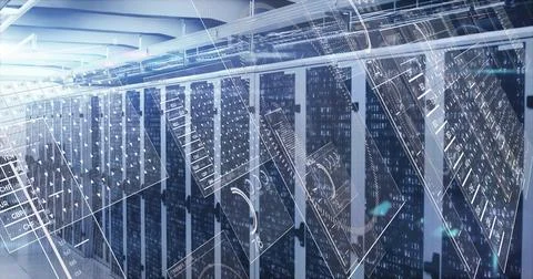 Extending rows of server racks down data center aisle, showing rackmount servers Stock Photos