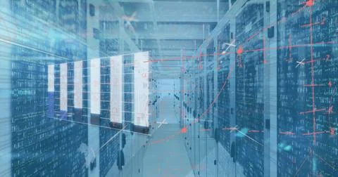 Extending server aisle receding through data center corridor, with blinking LEDs Stockfoto's