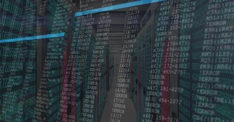 Extending server rack aisle into data center, with network cables, LED lights Stock Photos