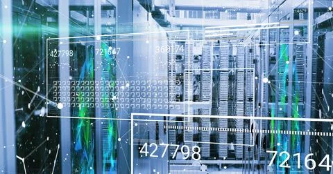Extending server rack rows down data center corridor, with data cables and Stock Photos