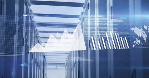 Extending server racks along data center corridor, floating line bar map graphs Illustrazione stock