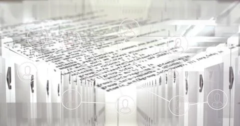 Extending server racks forming data center corridor, overlaying code text Stock Photos