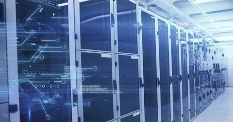 Extending server racks revealing servers in datacenter corridor, featuring Foto stock