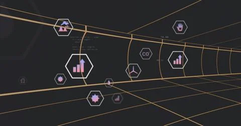Extending tunnel converging in data corridor, with hexagonal panels and CO? Stock Illustration