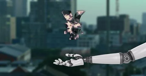 Extending white robotic arm presenting open mechanical hand at urban rooftop, イラスト素材