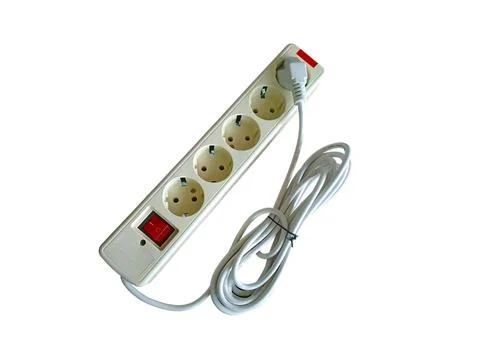 The extension cable socket is five plugs with a white background Stock Photos