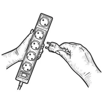 Extension cord. Hands plug the plug into the socket. Sketch scratch board 스톡 일러스트